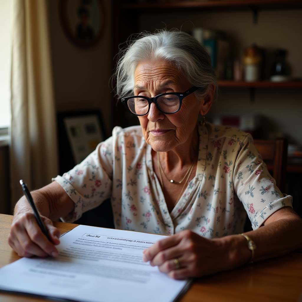 Elderly woman receiving pension information