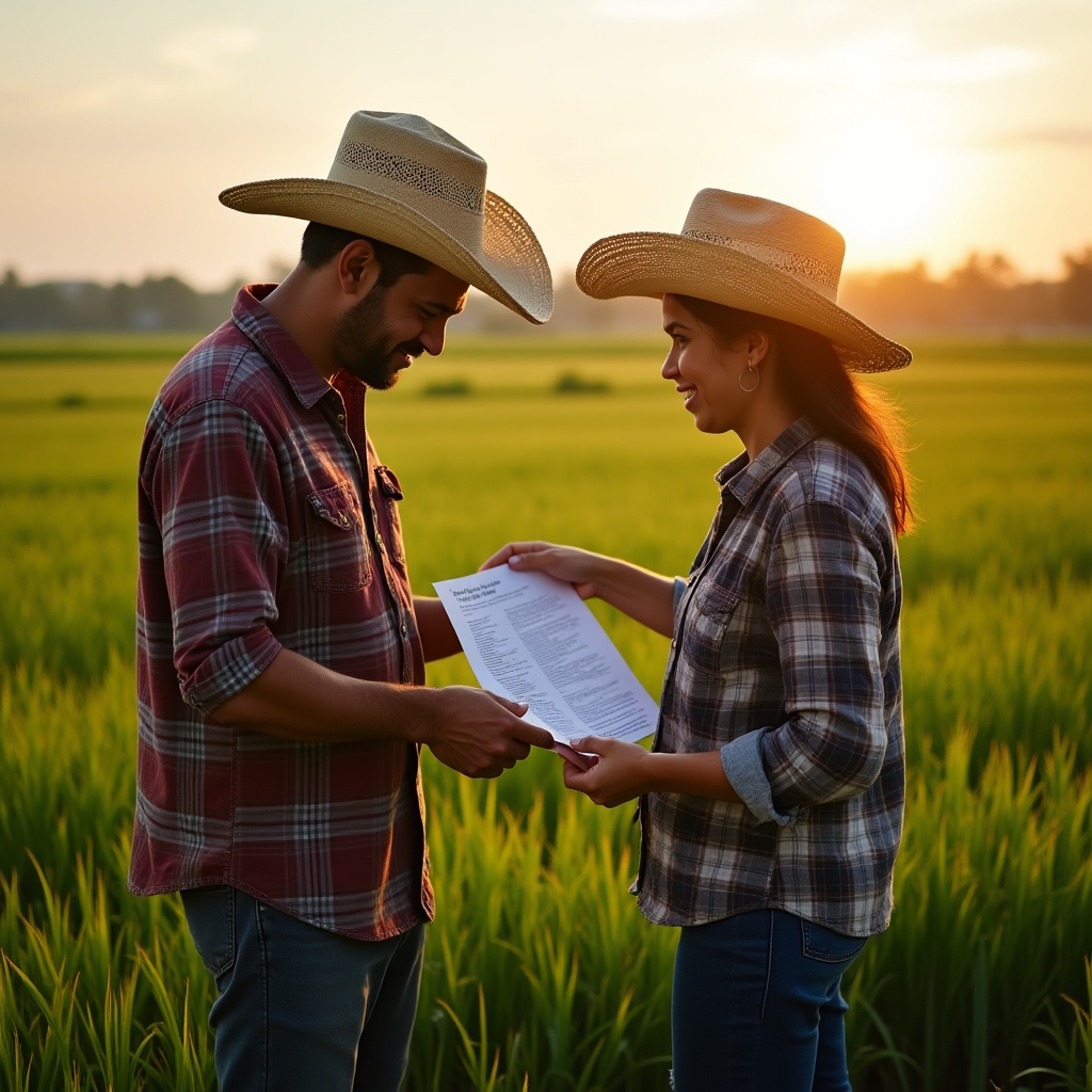 Rural family reviewing agricultural subsidy documentation