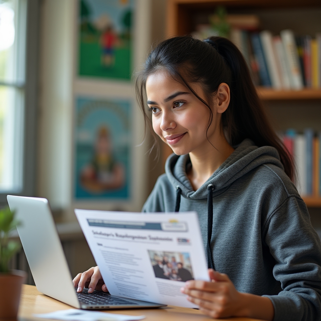 Young student reading scholarship requirements guide