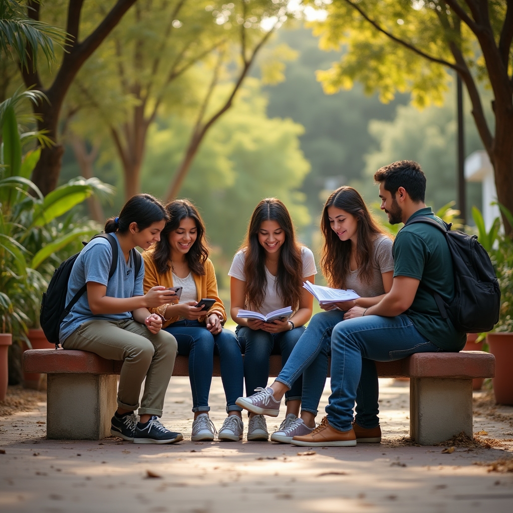 University students on campus discussing scholarship information